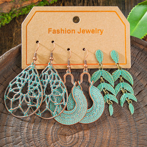 Boucles d'oreilles pendantes bohèmes tendance en alliage plaqué bronze antique à motif végétal, ensemble de bijoux de fête pour femme - Product Image 4