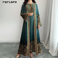 Robe longue Abaya pour femme, bleu sarcelle, imprimé ethnique doré, manches évasées, col rond, motif géométrique floral, style musulman arabe, modeste