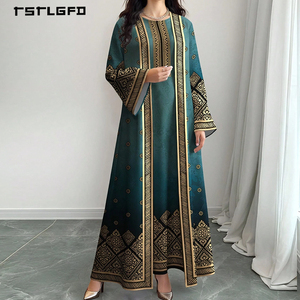 Vestido Maxi Étnico Azul Turquesa para Mujer, con Estampado Dorado, Mangas Acampanadas, Cuello Redondo, Diseño Geométrico Floral, Estilo Árabe Musulmán Modesto - Product Image 3
