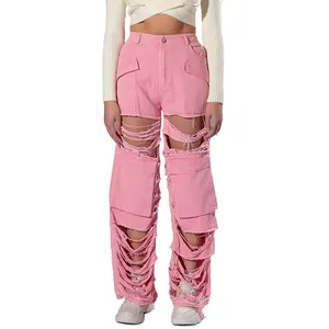 OEM Moda Personalizado Cor Rosa Denim Tecido Jeans Cut Out Cintura Alta Angustiado Calças De Carga Para Senhoras Street Wear Diário