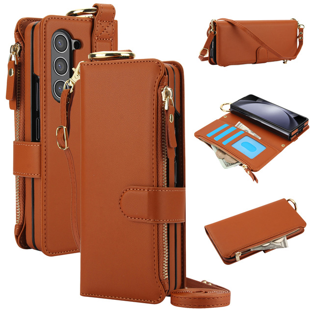 With Multi Functional Finger Ring Wallet Phone Cover for Samsung Galaxy ZFold 3 4 5 6 PU Leather Phone Case With Crossbody Strap