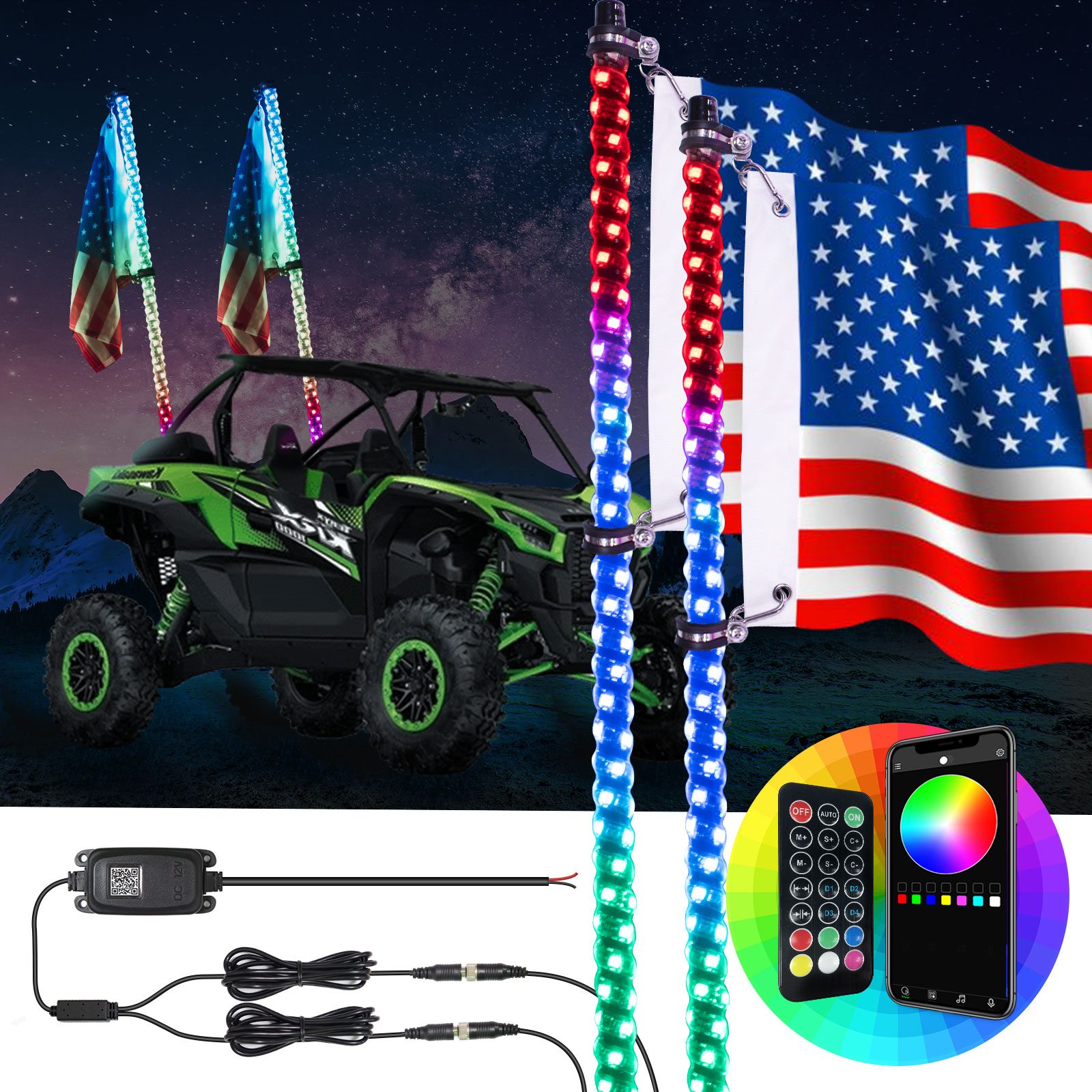 Светодиодные фонари RGB 4 фута, 2 шт., спиральные светодиодные фонари с поворотником и стоп-сигналом на 360 градусов