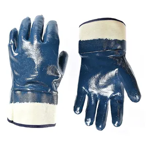 Nitrile résistant aux gaz et à l'huile alcaline acide, gants de sécurité industrielle robustes entièrement enduits, manchette de sécurité imperméable en nitrile bleu