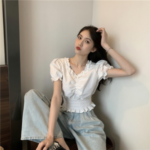 Real Shot Rétro Dentelle Manches Bouffantes All-Match Volant Top Taille Courte Robe Décontractée Prix Assorti - Product Image 1