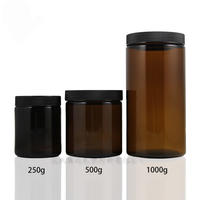 Bouteilles en verre ambré écologiques 250/500/1000g avec bouchon à vis en plastique noir/argent, impression sérigraphique de la marque, en stock