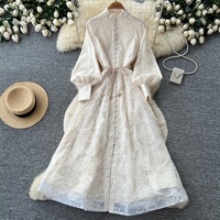 Robe longue décontractée pour femme, coupe trapèze, broderie cachemire, manches longues, col montant, ceinture, pour le quotidien