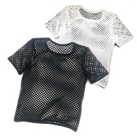 Haut ample grande taille à col rond en maille géométrique à manches courtes, motif résille, respirant, élégant, tendance, unisexe, style streetwear