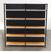 Étagère de supermarché simple face en acier et bois, panneau arrière perforé noir, présentoir à effet bois