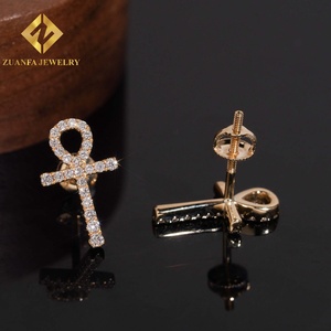 Vintage Style Cross Ankh 10K Soild Gold Pave Lab Grown Diamond Earrings Classic Screw Back Earrings Women <b>Jewelry</b> - Product Image 2