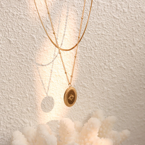 Colgante Oval de acero inoxidable antialérgico chapado en oro de 18K, collar de Estrella del Norte de doble capa, libre de deslustre - Product Image 5