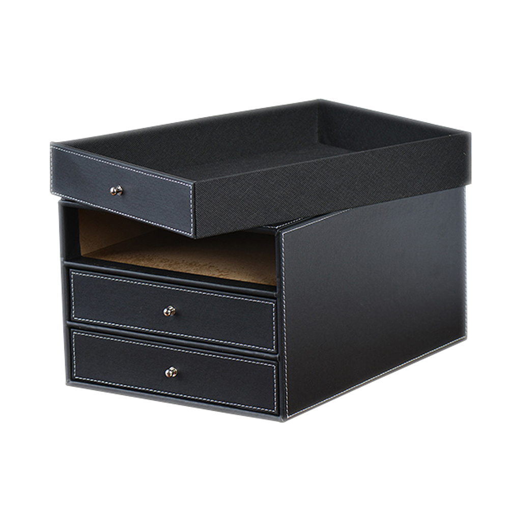 Boîte De Rangement Bureau 3 Tiroirs En Cuir Synthétique Noir – Organiseur A4 Pour Documents, Fournitures