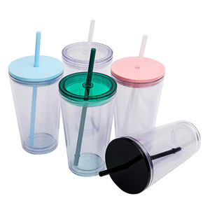 Shang Kou Ai 16oz Double Walled Plastic <b>Straw</b> <b>Cup</b> Reusable Travel Drinkware With <b>Lid</b> <b>And</b> <b>Straw</b> For General Use - Product Image 4