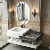 Meuble-lavabo mural de luxe moderne à double niveaux décalés en marbre et ardoise avec vasque en céramique et miroir LED – Ensemble de salle de bain
