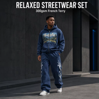 Ensemble de survêtement à capuche bleu marine personnalisé, deux pièces, style streetwear décontracté, OEM, vente en gros, fournisseur de vêtements décontractés à marque privée