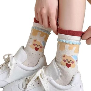 Japanese Cartoon Slouch Socks Women Mid-Calf Cotton Breathable Heart <b>Bear</b> Pattern Sweet School Style Lace Trimmed - Product Image 4
