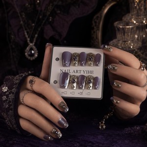 Faux ongles en acrylique à pression avec strass violets, couvrance totale, longueur moyenne, avec colle pour doigts - Product Image 3