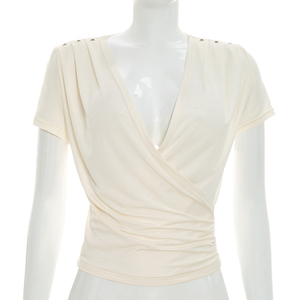 Viviblook Y26TP200 Women Summer T-Shirt New Short Sleeved V-Neck <b>Cross</b> Pleated Casual <b>Top</b> - Product Image 1