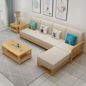 Nordic Solid Wood <b>Sofa</b> Set L-Shaped Removable Cushions Fabric Cotton Linen Living Room Furniture - Product Image 3