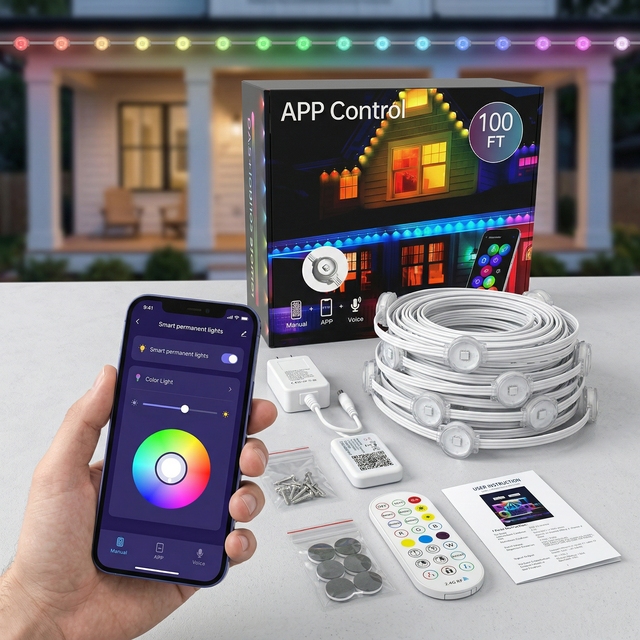 Permanent Outdoor Eaves Lights 100ft RGBWW 60LED IP65 Smart Control Works with Alexa Google Assistant Tuya APP Color Changing