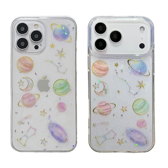 Girl Phone Cover for iPhone 16 Pro 17 Moon Universe Planet Phone Case for iPhone 14 15 Case Clear Back Glitter Bling Star Spark