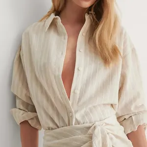 Camicette e camicie di <span class=keywords><strong>lino</strong></span> oversize personalizzate Camicette Casual da <span class=keywords><strong>donna</strong></span> a tracolla con bottoni a righe top da <span class=keywords><strong>donna</strong></span> - Product Image 5