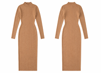 Robe longue moulante côtelée à col montant pour femme, manches longues, coupe ajustée, en coton et polyester, élégante, couleur camel, tricotée