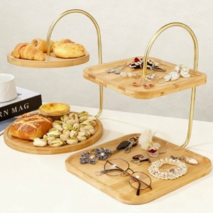 Plateau de service en bambou double couche avec poignée dorée pour la décoration de la maison et les collations - Product Image 1