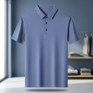 Camisa de Hombre Azul Marino de Spandex/Algodón, Manga Corta, Cierre de Botones, Tejido de Punto, Informal, para Trabajo, Bordada, con Logotipo Personalizado, de Secado Rápido - Product Image 3