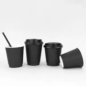 Wholesale 90mm 8 oz black double wall kraft hot paper cafe cup disposable coffee cups Spot goods