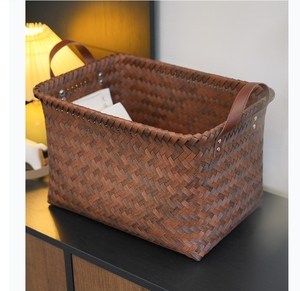 Brown Woven Rattan Eco-Friendly Modern <b>Storage</b> <b>Basket</b> Rectangle Laundry Organizer Picnic <b>Basket</b> PU Handles for Bathroom Wardrobe - Product Image 4