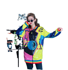 Women's Geometric <b>Sequin</b> Bomber <b>Jacket</b> Spring Autumn Eco-Friendly Breathable Loose Oversized Zip Colorful Graphic Long <b>Sequin</b> - Product Image 1