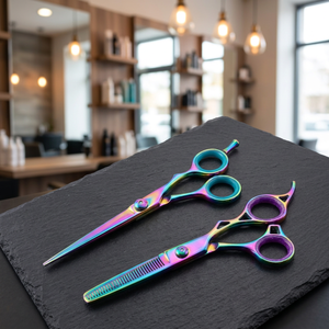 ASAP - Juego de Tijeras de Peluquería Profesionales de Acero Inoxidable con Recubrimiento de Color Arcoíris, para Diestros, Mango Largo, 30 Dientes, para Uso en Salón - Product Image 1