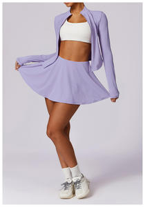 Stand Collar <b>Long</b> Sleeve Yoga Dress With Flared Skirt Quick Dry Spandex Polyester Solid Color High Waist - Product Image 5