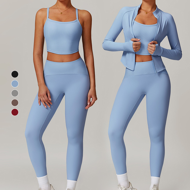 4 PCS Women's High-Waisted Hip Lift Yoga Set Tight-Fitting Nude Sportswear for Outdoor Breathable Plaid Elastic Waist Button
