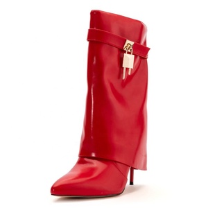 Fold Over Stiletto Women High Thin Heels <b>Booties</b> Girl's Shark Lock Short <b>Ankle</b> Boots Fancy Overlay Shoes - Product Image 3