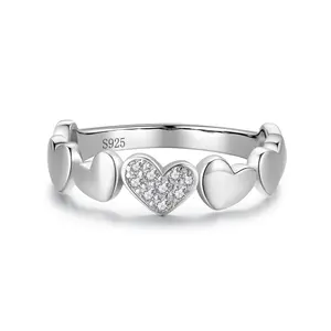 Solid S925 prata zircões índice em forma de coração doce dedo anelar para as mulheres