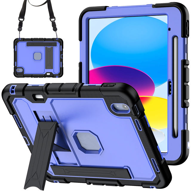 Shockproof Case for iPad 10th Generation 10.9 Inch Rugged Cover With Hand Strap Kickstand Pencil Holder Shoulder Strap