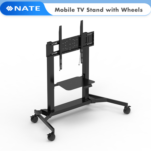 Dual Motor TV Trolley 360 Degree Rotate Locking Wheels Height Adjustable Steel TV Stand with Metal Shelf Mobile TV Cart