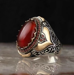 Edelsteinring im Retro-Stil mit ovalem Einlegedesign, Rot und Schwarz, Legierungsringe für Männer und Frauen - Product Image 3
