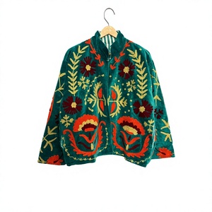 Hand Embroidered Woven Velvet Quilted Bohemian Blazer <b>Mandarin</b> <b>Collar</b> Full Sleeve Floral Pattern Women's Autumn <b>Jacket</b> - Product Image 1
