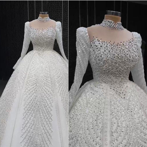 Robe de Mariée Bal Blanche Personnalisée 2025 à Manches Longues, Vestido De Novia de Luxe en Dentelle Pailletée - Product Image 2