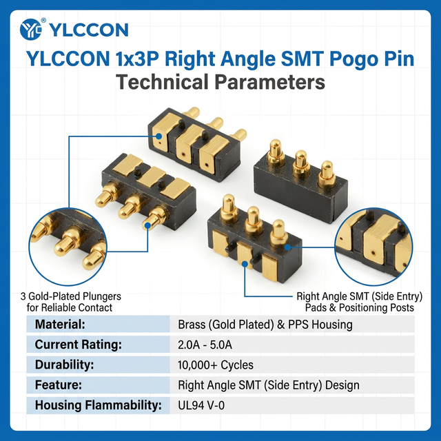 Spring Loaded Brass Pogo Pin Connectors 3P Side Mount Charging Pins Male 2A