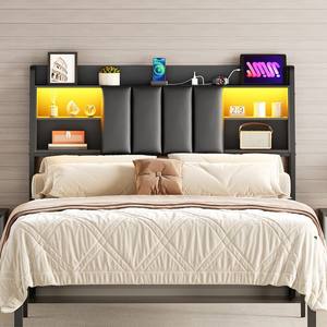 Tête <span class=keywords><strong>de</strong></span> <span class=keywords><strong>lit</strong></span> rembourrée noire avec rangement, tête <span class=keywords><strong>de</strong></span> <span class=keywords><strong>lit</strong></span> double avec station <span class=keywords><strong>de</strong></span> charge et dossier rembourré à bande lumineuse LED - Product Image 3