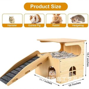 Casa de madera para hámster de dos pisos con rampa y cama para uso en interiores y exteriores, hábitat duradero para animales pequeños - Product Image 3