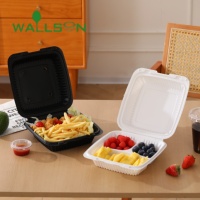 Boîte alimentaire carrée jetable à 3 compartiments en MFPP noir/blanc de 9 pouces, 2 mm d'épaisseur, avec charnière, pour plats à emporter