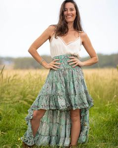 Fabricant et grossiste de vêtements pour femmes New Silk Printed High Low Designer Jupe Ibiza Sari Jupe en soie pour l'été, Beach Party - Product Image 1