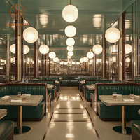 Ensemble de meubles de restaurant, café et bar moderne, tables à manger avec base en métal, sièges en cuir vert et canapé en cuir incurvé
