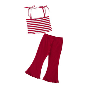 Bộ Quần Áo Có Gân Cho Trẻ Em Mùa Hè Mới Cho Bé Gái Sọc Trên Cùng + Đáy Chuông Màu Rắn Hai Bộ - Product Image 6