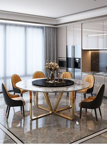 โต๊ะอาหารทรงกลมหินอ่อนหน้าเซรามิกสีขาวหรูหราทันสมัย 8 ที่นั่ง - Product Image 4