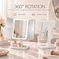 Miroir de Maquillage Trifold d'Usine en Gros, Unilatéral, Grossissement 2X 3X, Rotatif à 360°, LED 3 Couleurs, Capteur Tactile, Intensité Réglable